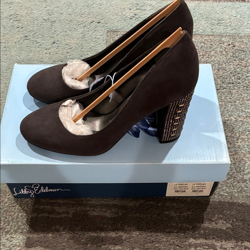 libby. edelman Black Suede Studded Block Heel Pumps